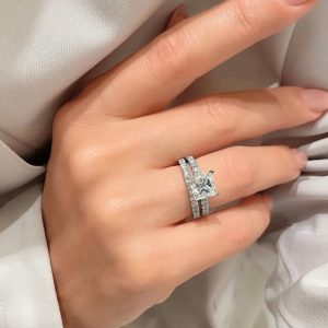 Princess cut solitaire engagement ring and matching pavé wedding band set