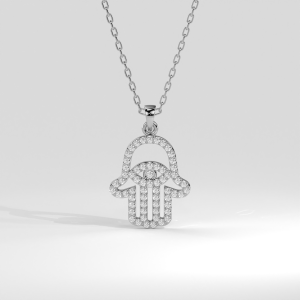 Pavé diamond Hamsa hand eye pendant with round stones on chain