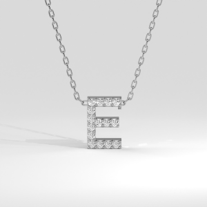 Block letter E pavé diamond initial pendant on chain, front and back views
