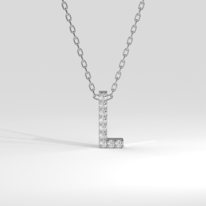 Block letter 'L' pendant necklace with pavé-set round stones on polished surface